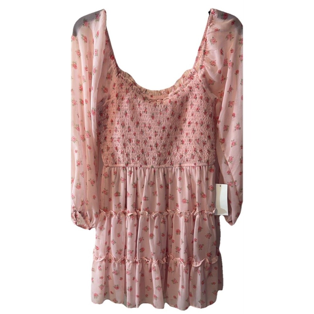 B.Darlin Pink Floral Mini Dress Sz 3/4 NWT Long Sleeve Ruched fairy Tier Dress